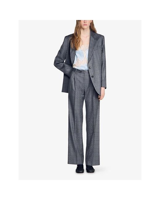 Sandro Gray Rhinestone Check Wool Trousers