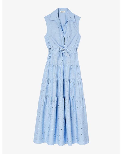 Sandro Blue Rhinestone-embellishment Cotton Midi Dress
