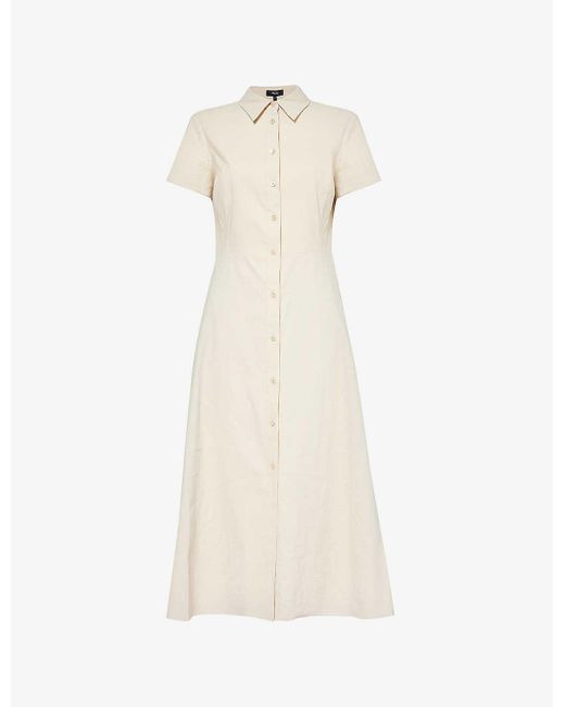 Theory White Flared-hem Short-sleeved Linen-blend Midi Dress