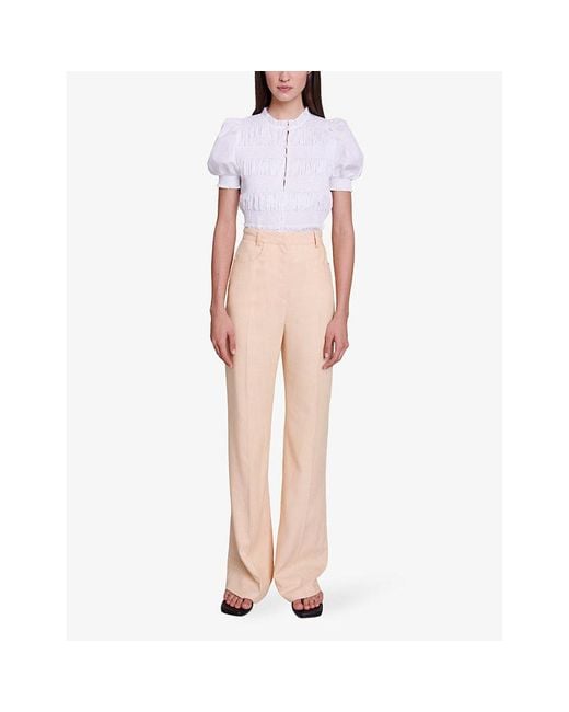 Maje White Pressed-crease Wide-leg Mid-rise Woven Trousers