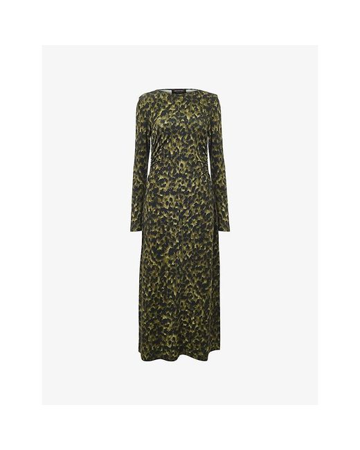 Whistles Green Ruched Animal-Print Stretch-Jersey Midi Dress