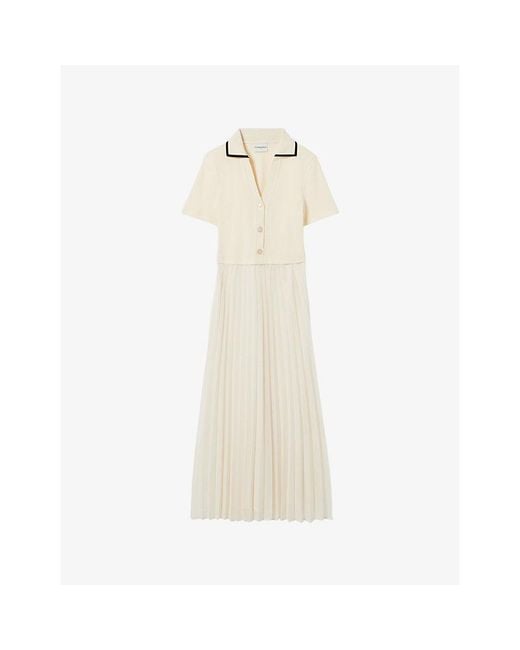 Claudie Pierlot White Trompe-L'Œil Pleated-Skirt Cotton And Woven Midi Dress