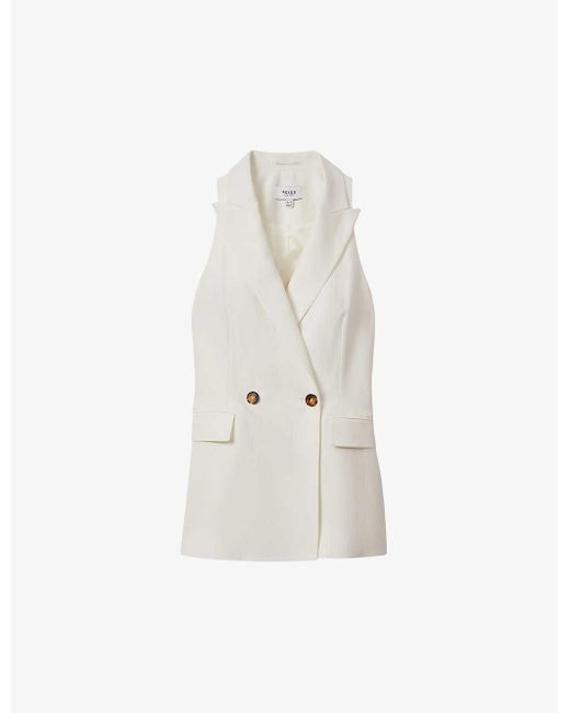 Reiss White Lori Halter-neck Double-breasted Linen-blend Waistcoat