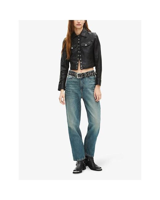 The Kooples Black Branded-Hardware Cropped Leather Jacket