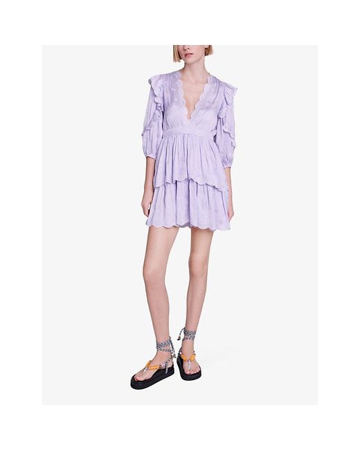 Maje Purple Scalloped-neck Tiered-skirt Woven Mini Dress