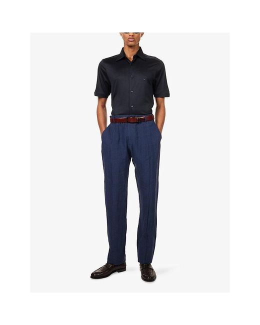 Emporio Armani Blue Straight-Leg Mid-Rise Linen Trousers for men