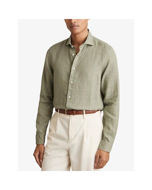 Reiss Green Ruban Classic Collar Linen Shirt for men