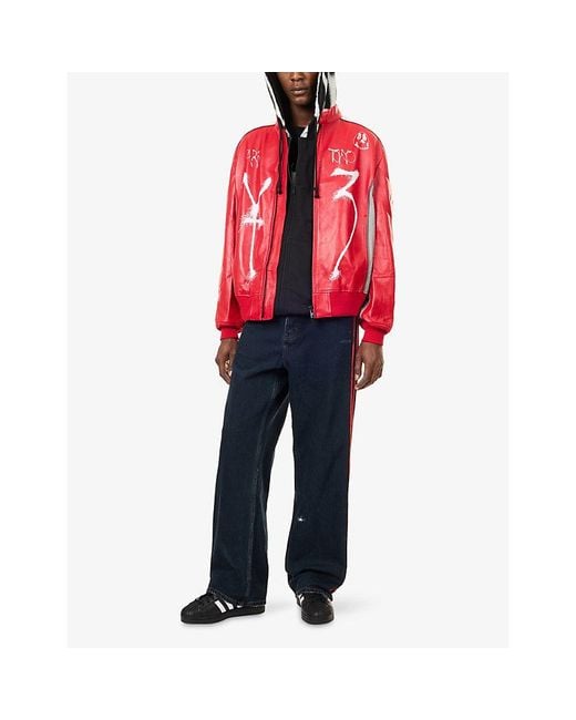 Y-3 Red Chito Graphic-Print Leather Jacket for men