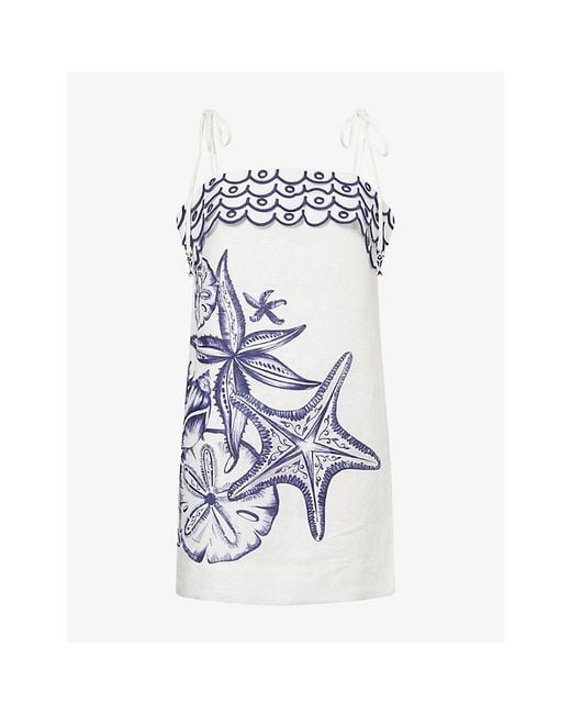 Farm Rio Blue Coast Stars Printed Linen Mini Dress