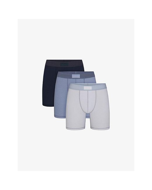 Skims Blue Logo-Waistband Pack Of Three 5-Inch Jersey Boxer Briefs for men