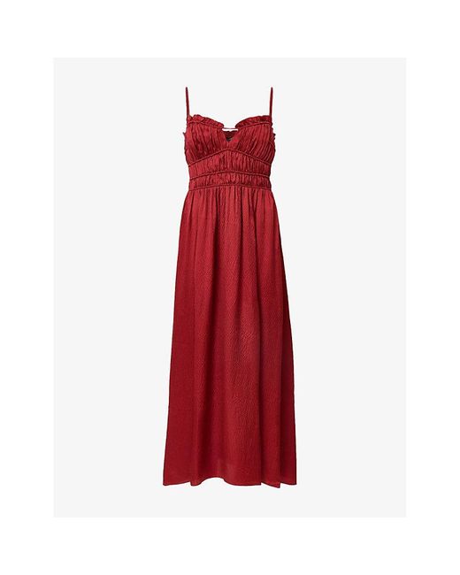AllSaints Red Faelyn Sweetheart-Neck Ruched-Bodice Silk Maxi Dress