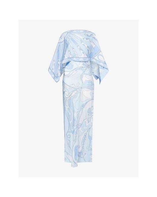 Emilio Pucci Blue Caped Graphic-Print Silk Maxi Dress