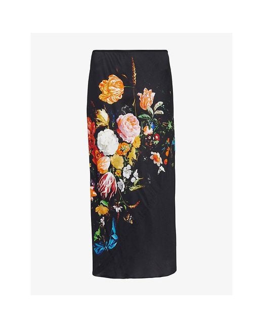 Dries Van Noten Black Floral-Graphic Satin Midi Skirt