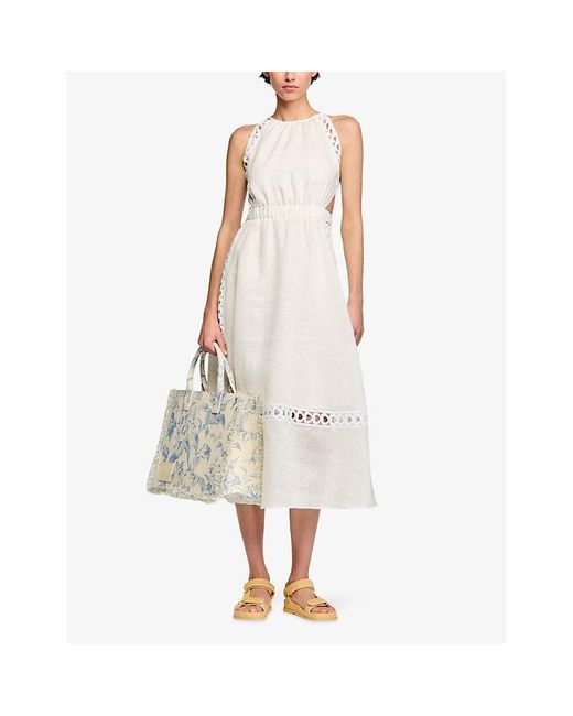 Sandro White Lace-trim Flared-skirt Linen Maxi Dress