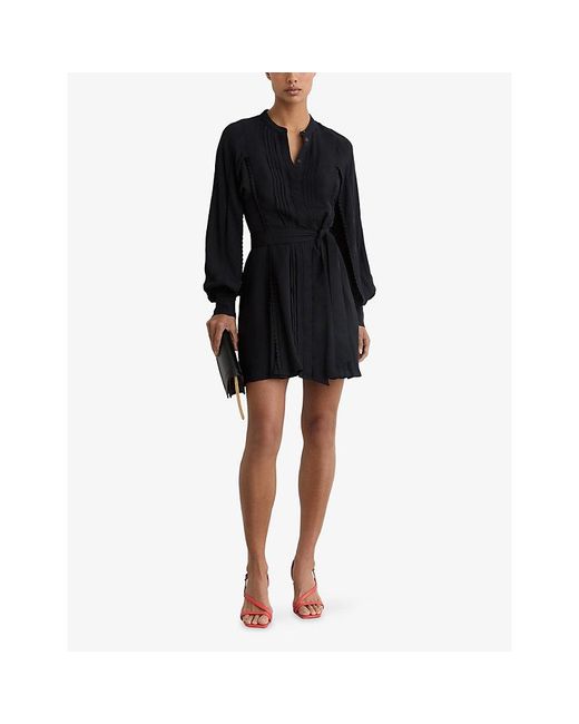 Reiss Black Eliana Belted Woven Mini Dress