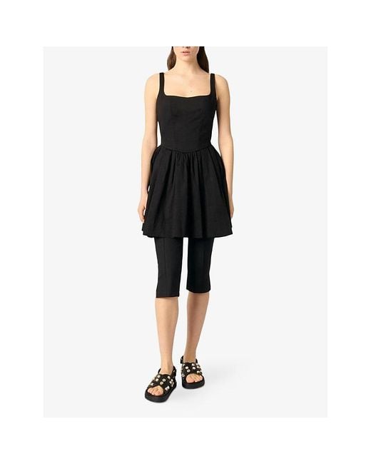Maje Black Square-Neck Flared-Skirt Sleeveless Stretch-Cotton Mini Dress