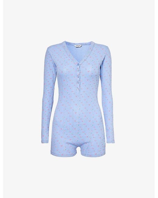 Lounge Underwear Blue Floral-Pattern V-Neck Stretch-Cotton Romper