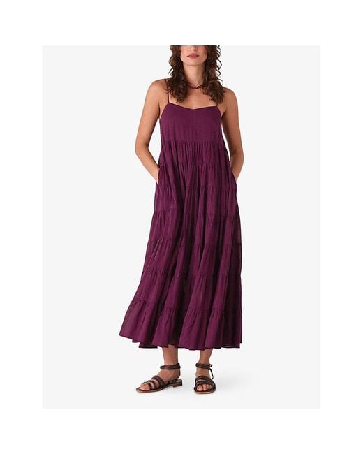 Whistles Purple Curved-Neck Sleeveless Tiered Cotton Maxi Dress