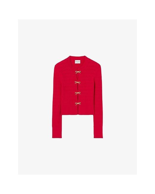 Claudie Pierlot Red Bow-Embellished Stretch-Knit Jumper