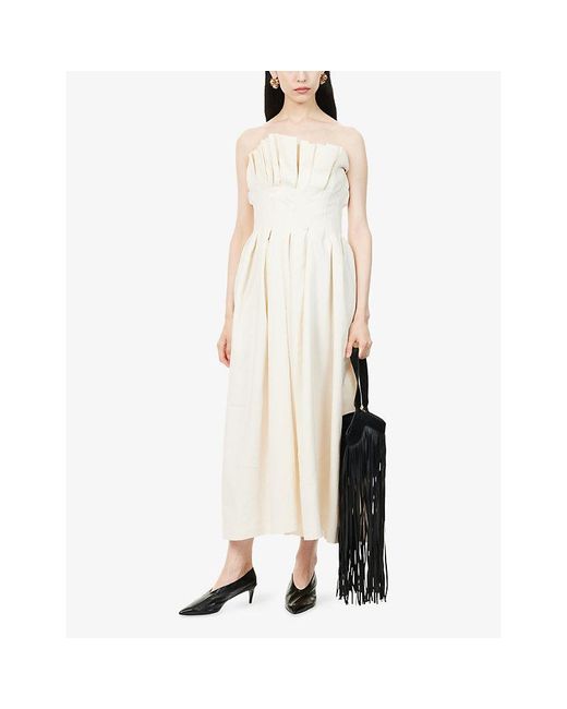 Khaite White Claude Pleated Linen-Blend Midi Dress