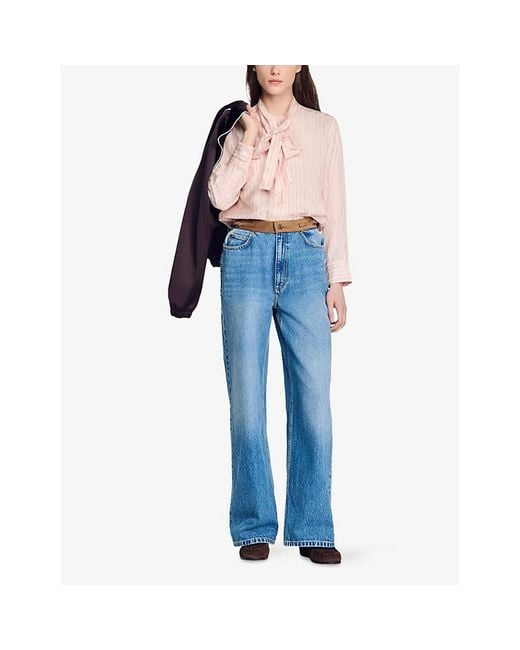 Sandro Pink Striped Tie-Neck Woven Shirt