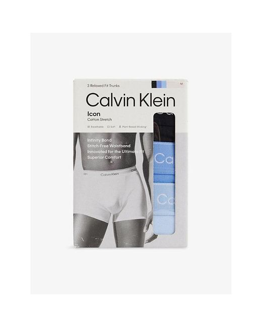 Calvin Klein Blue Icon Pack-Of-Three Relaxed-Fit Stretch-Cotton Trunks for men