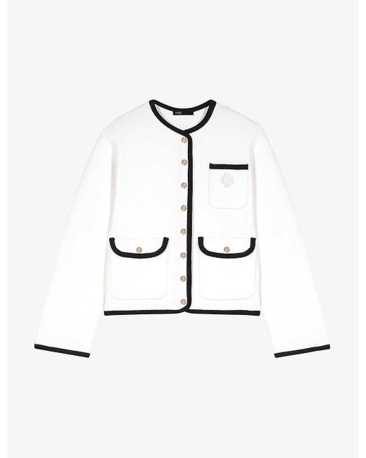 Maje White Contrast-trim Pressed-stud Knitted Cardigan