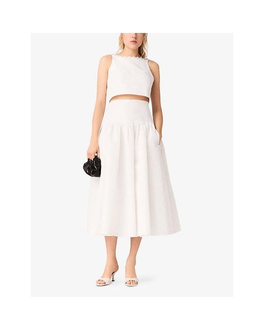 Maje White Sleeveless Jewelled-Collar Taffeta Cropped Top