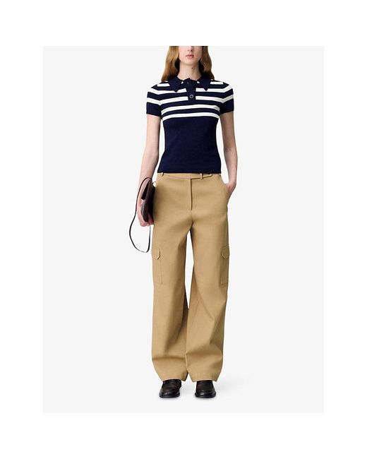 Claudie Pierlot Blue Striped Slim-Fit Stretch-Knit Polo Shirt