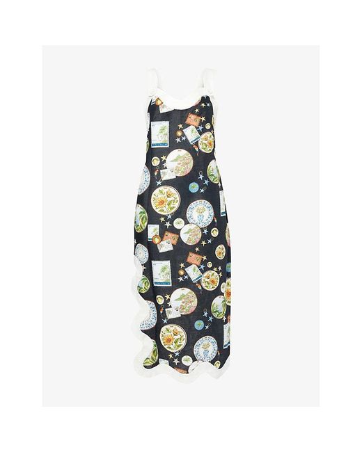 Farm Rio Blue Trip Souvenir Wavy-Trims Linen Maxi Dress