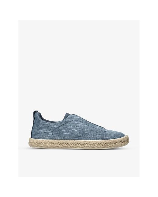 Zegna Blue Triple Stitch Slip-on Linen And Leather Low-top Espadrilles for men
