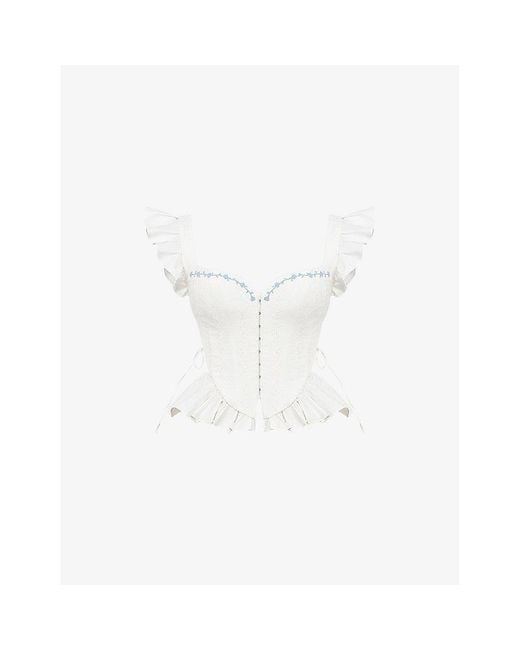 House Of Cb White Lilibet Floral-Embroidered Peplum Cotton Corset Top