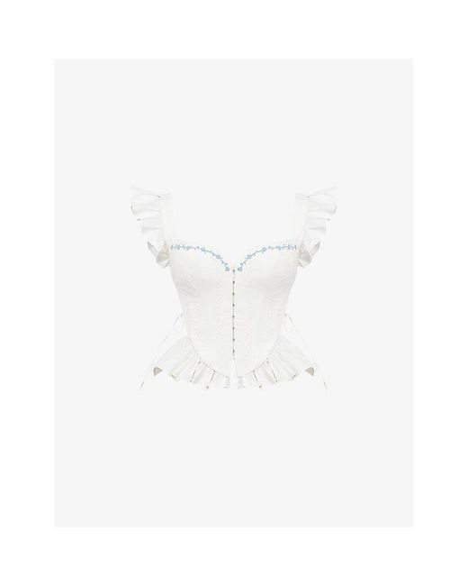 House Of Cb White Lilibet Floral-Embroidered Peplum Cotton Corset Top
