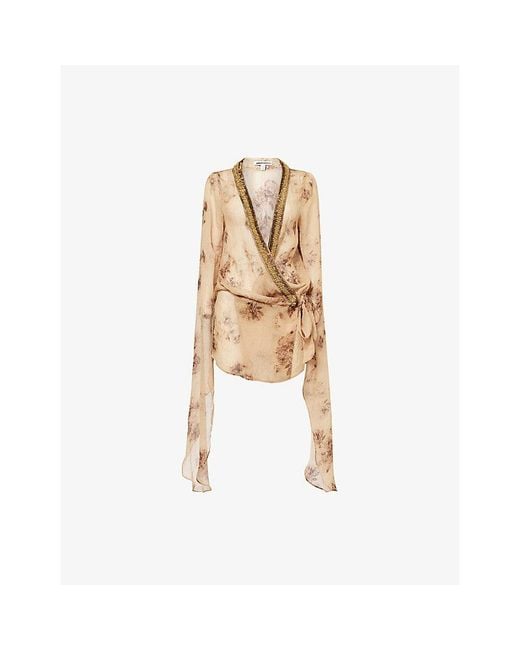 Jaded London Natural Iberis Plunge-Neck Chiffon Mini Dress