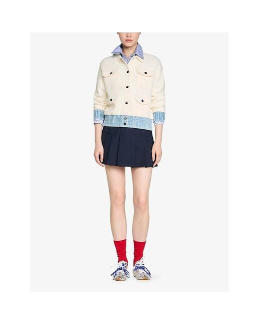 Sandro White Denim-Hem Button-Down Knitted Cardigan
