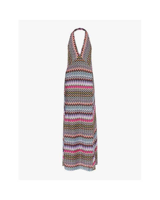 Missoni Purple Chevron-pattern Halter-neck Knitted Maxi Dress