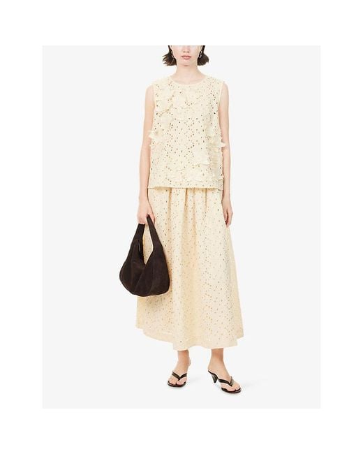 Skall Studio Natural Dagny Embroidered Floral Print Cotton Midi Skirt