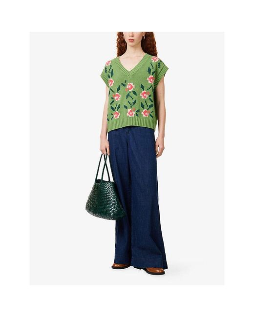 Weekend by Maxmara Green Inlaid Floral-Intarsia Cotton-Knit Blend Vest