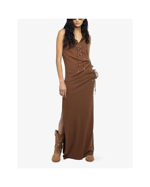 Zadig & Voltaire Brown Juno Lace-Up Cotton And Linen Maxi Skirt