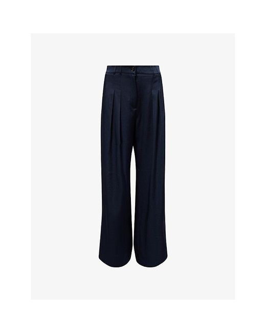 ME+EM Blue Double-Pleated Wide-Leg Satin Trousers