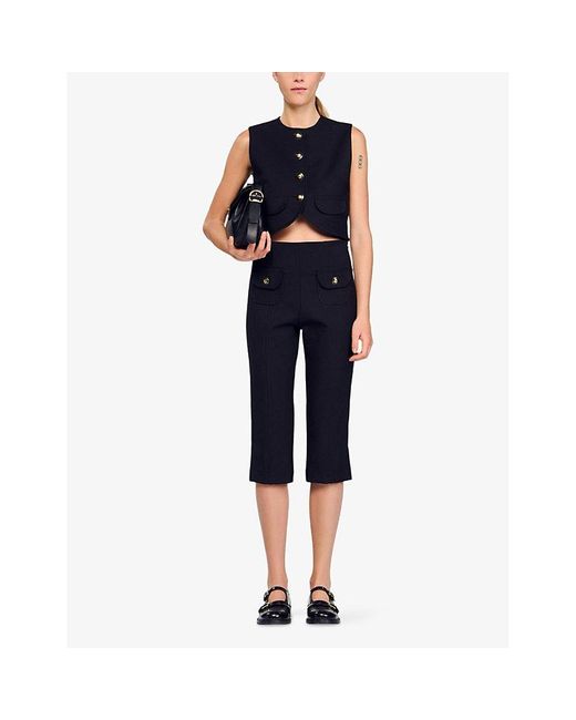 Sandro Black Round-Neck Button-Down Sleeveless Stretch-Woven Crop Top