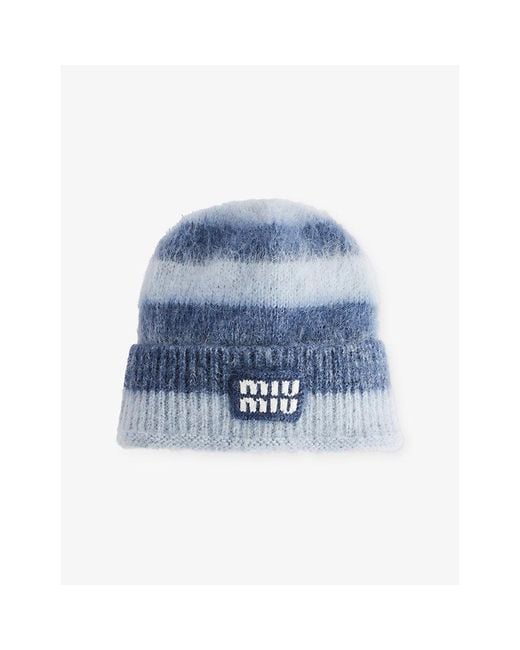 Miu Miu Blue Striped Logo-Patch Wool-Blend Beanie Hat