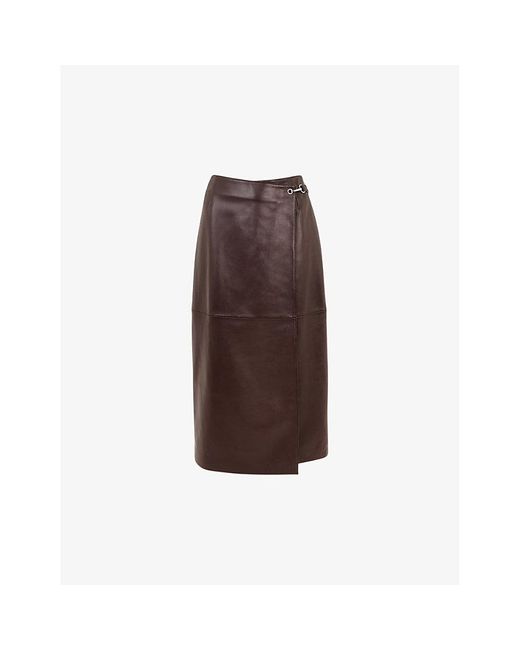 Whistles Brown Josie Wrap Leather Midi Skirt