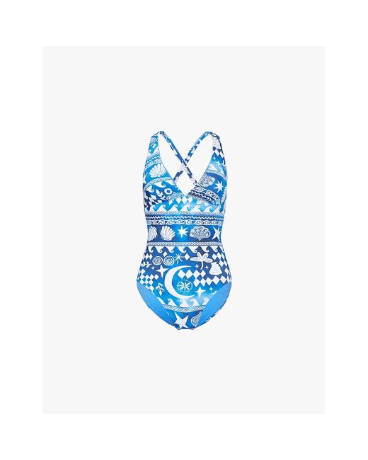 Seafolly Blue Corfu Plunge-Neckline Swimsuit
