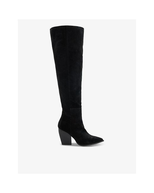 AllSaints Black Reina Pointed-toe Block-heel Suede Knee-high Boots