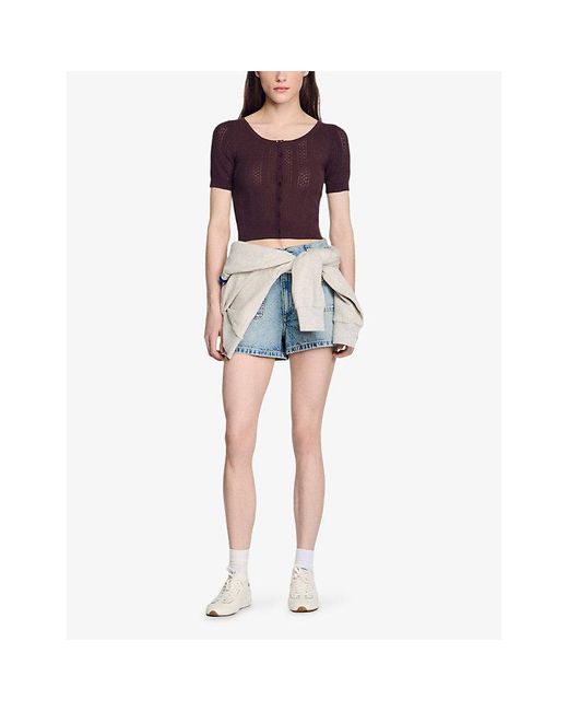 Sandro Purple Short-Sleeved Pointelle Knitted Cardigan