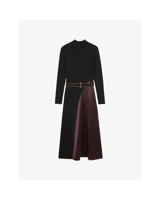 Reiss Black Misty Belted-Waist Knitted Midi Dress