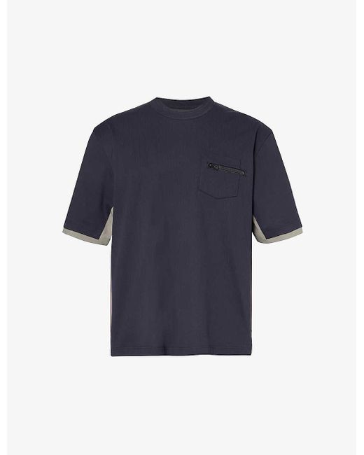 Sacai Blue Chest-pocket Crewneck Cotton-jersey T-shirt for men
