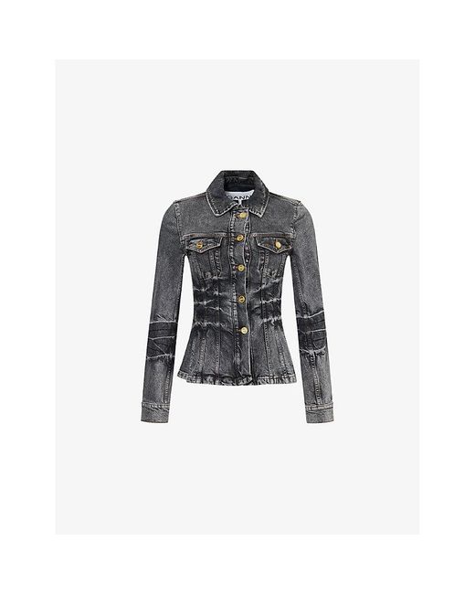 Ganni Black Washed Flared Stretch-Denim Blend Jacket