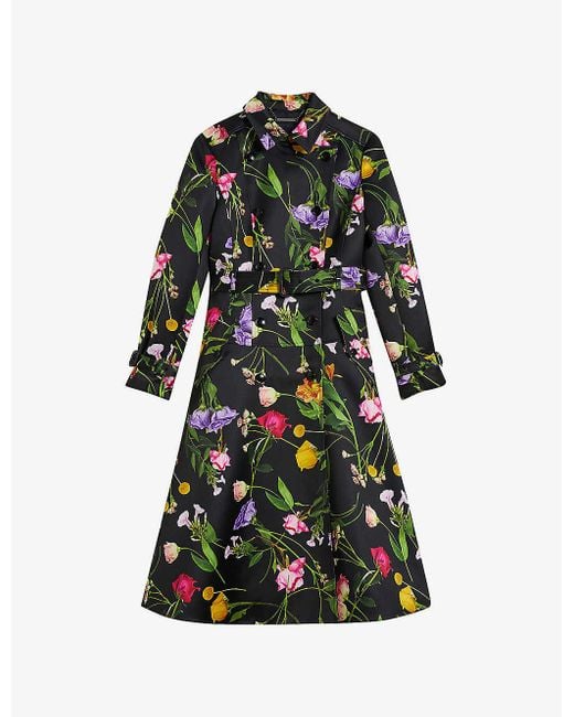 Ted Baker Black Moiraa Floral-print Double-breasted Woven Trench Coat